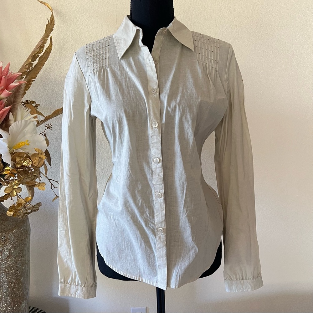 Personal Identity Y2K Beige Lightweight Fitted Button Up w Beaded Accents